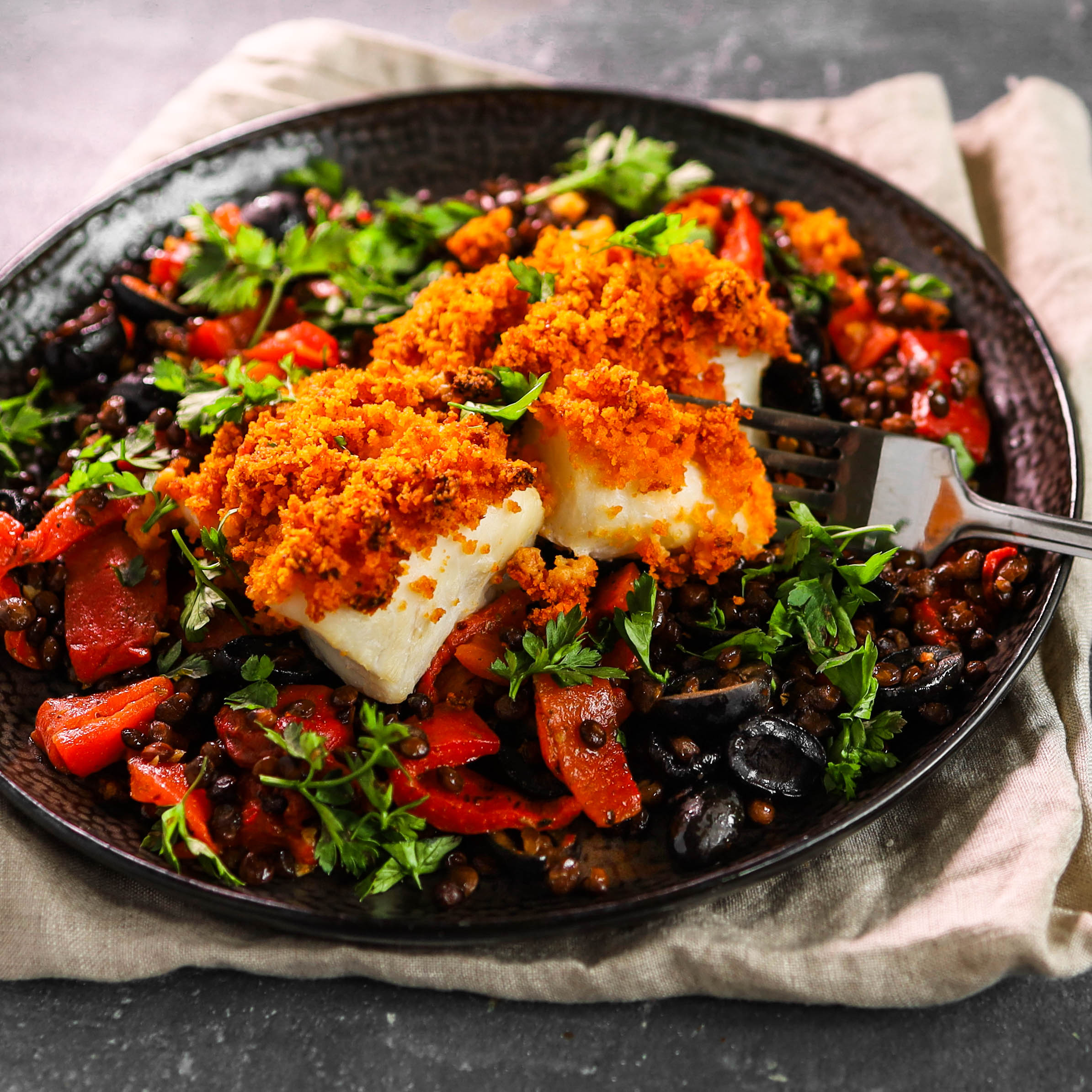Harissa-crumbed Fish With Lentils & Peppers - The Groovy Food Company